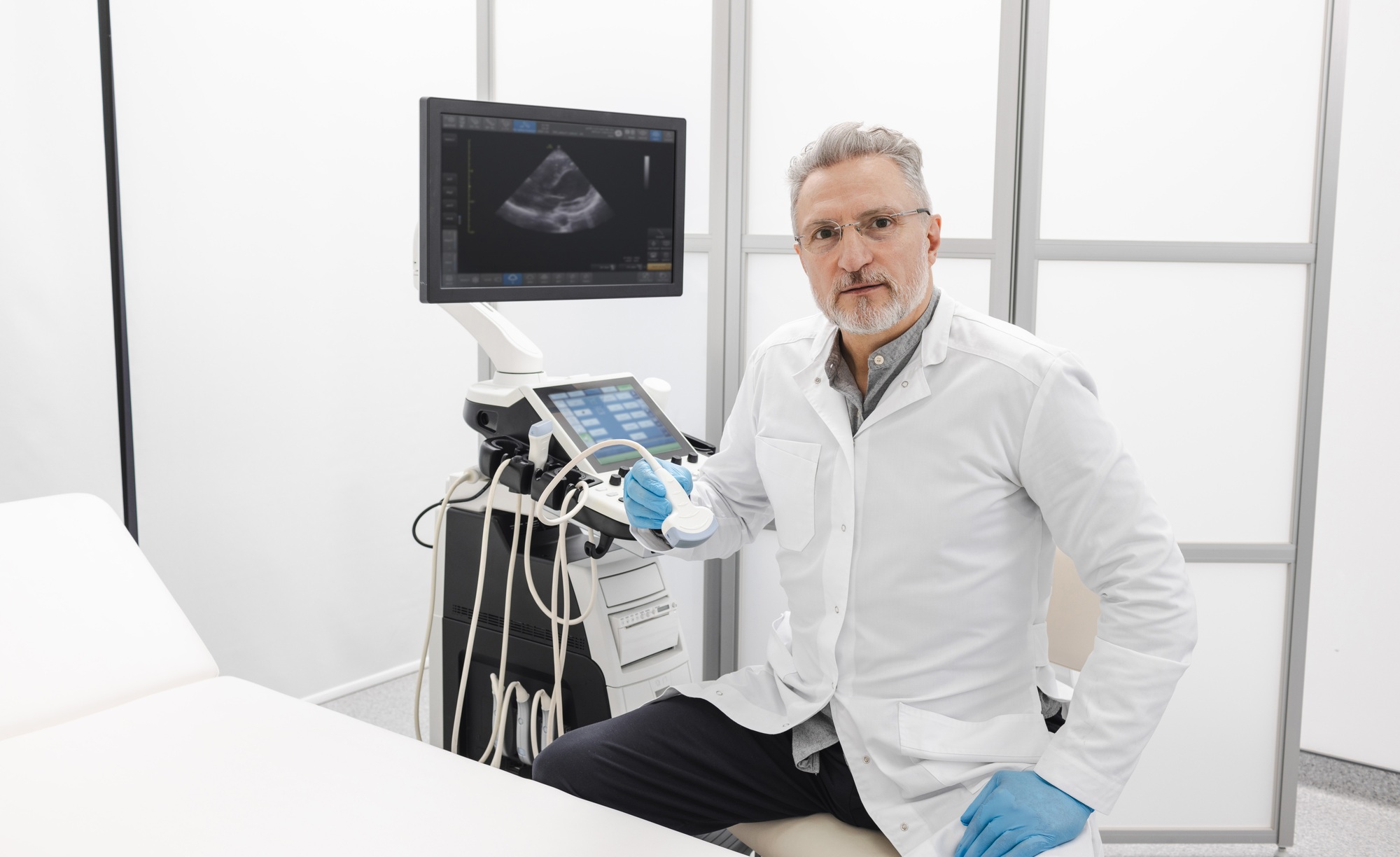 Portrait of cardiac sonographer in diagnostic office with modern equipment and high-frequency
