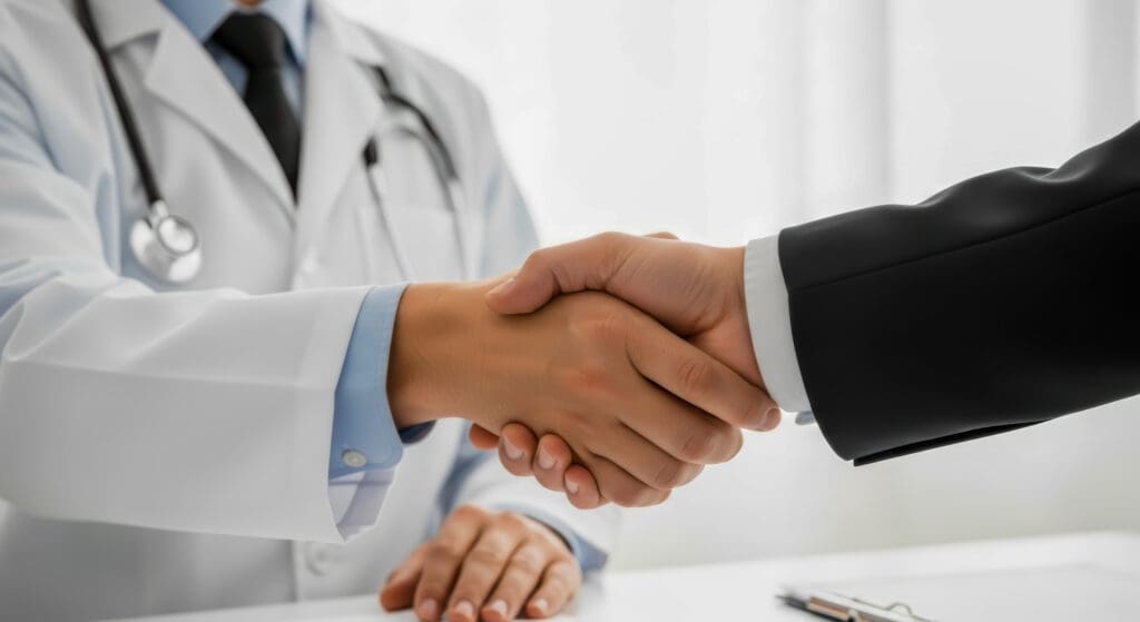 Doctor in white coat and stethoscope shakes hands with person in black suit on white background representing medical agreement or business partnership